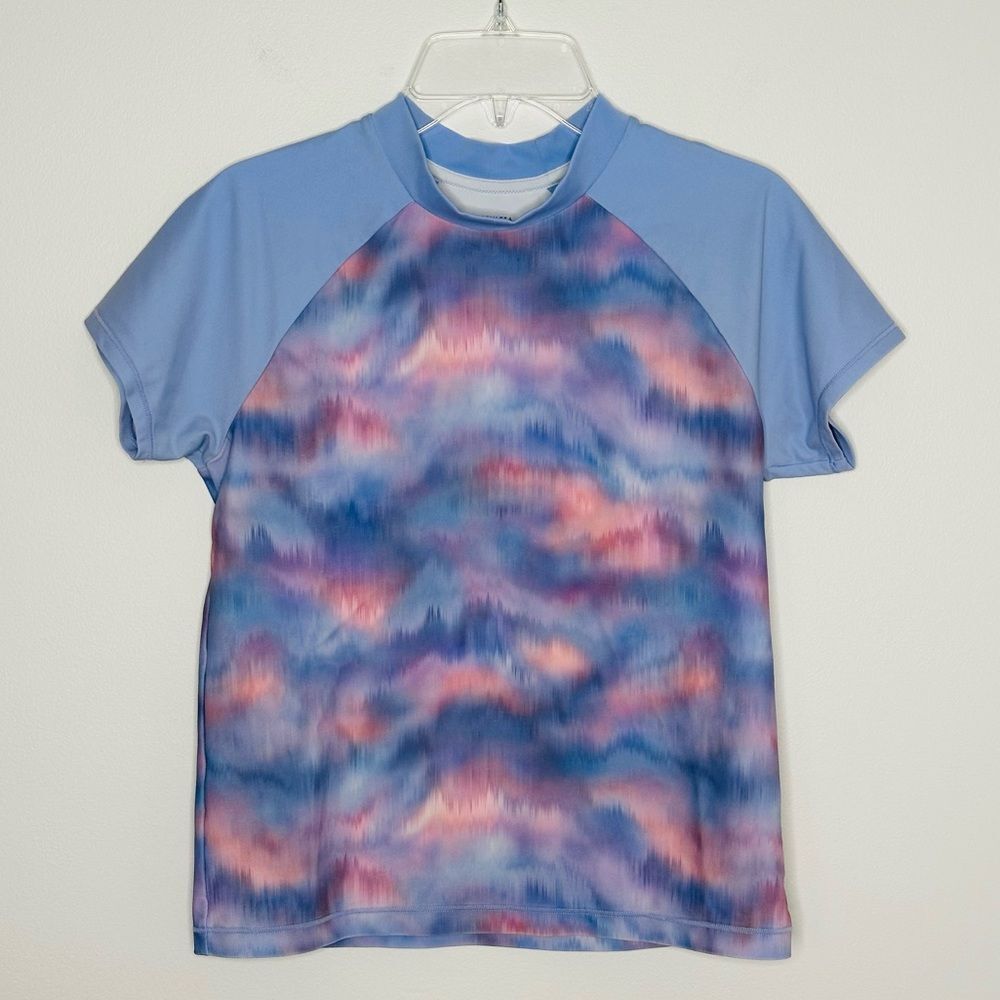 Athleta Girl Mock Neck Rashguard Swim Top Color Sunset Blue and Pink Size XL